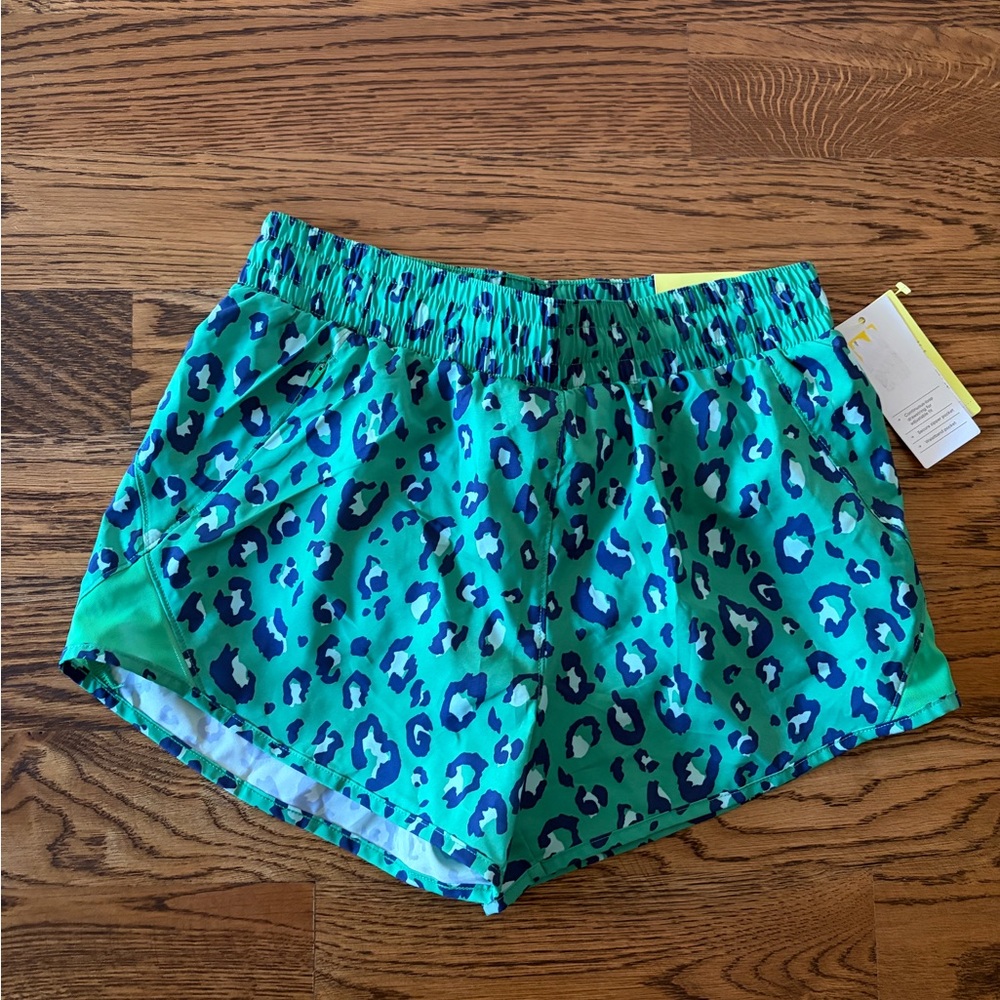 all in motion Green Leopard Print Athletic Shorts with Blue Accents
